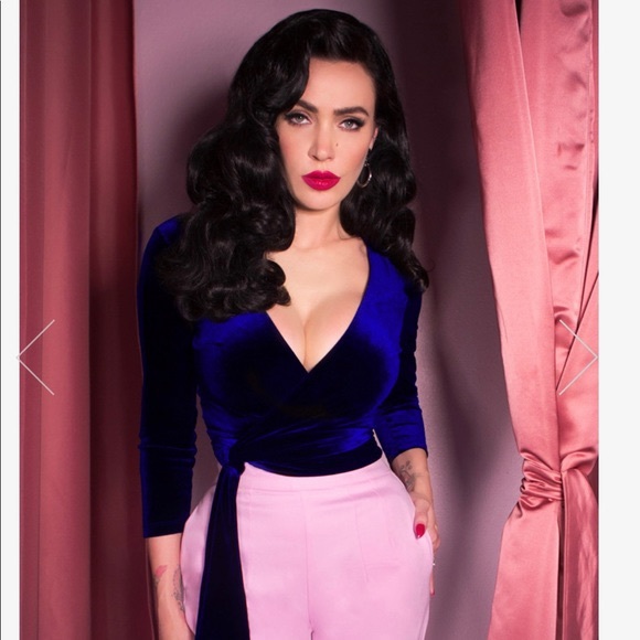 Vixen by Micheline Pitt Tops - Vixen by Micheline Pitt Blue Velvet Wrap Top Pinup